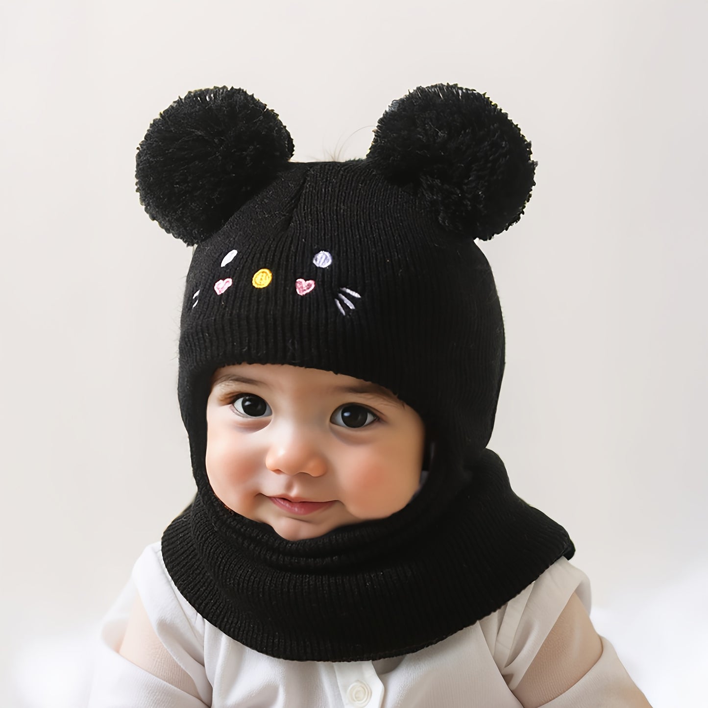 Knit Balaclava Beanie and Neck Warmer hat,cat Embroidery, Stretch Fit, Suitable for 0-3 Years Old, Daily and Casual Wear, Birthday, Holiday Party, Autumn and Winter, Christmas, Halloween