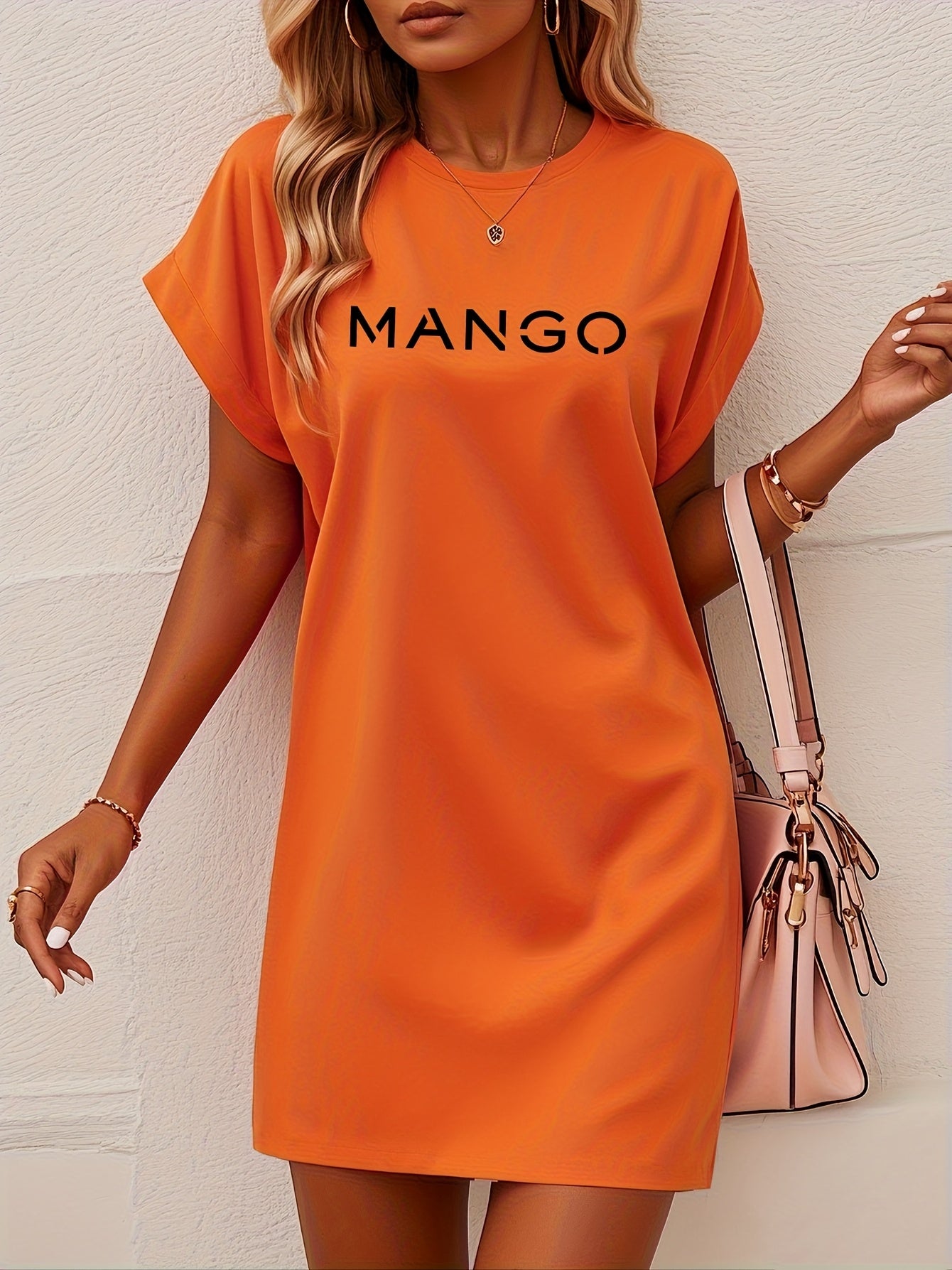 Women's Casual Mango Letter Print T-Shirt Dress - Vibrant Orange Short Sleeve Midi Dress with Pockets, Relaxed Fit & Drop Shoulder, Machine Washable All-Season Comfort, Spring Fashion, Breathable Material, Adult Clothing