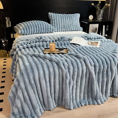 Warm and comfortable flannel drawstring blanket, imitation rabbit fur blanket, soft and warm sofa blanket, suitable for napping, office, outdoor camping, sofa nap blanket, versatile striped pattern gift blanket for all season