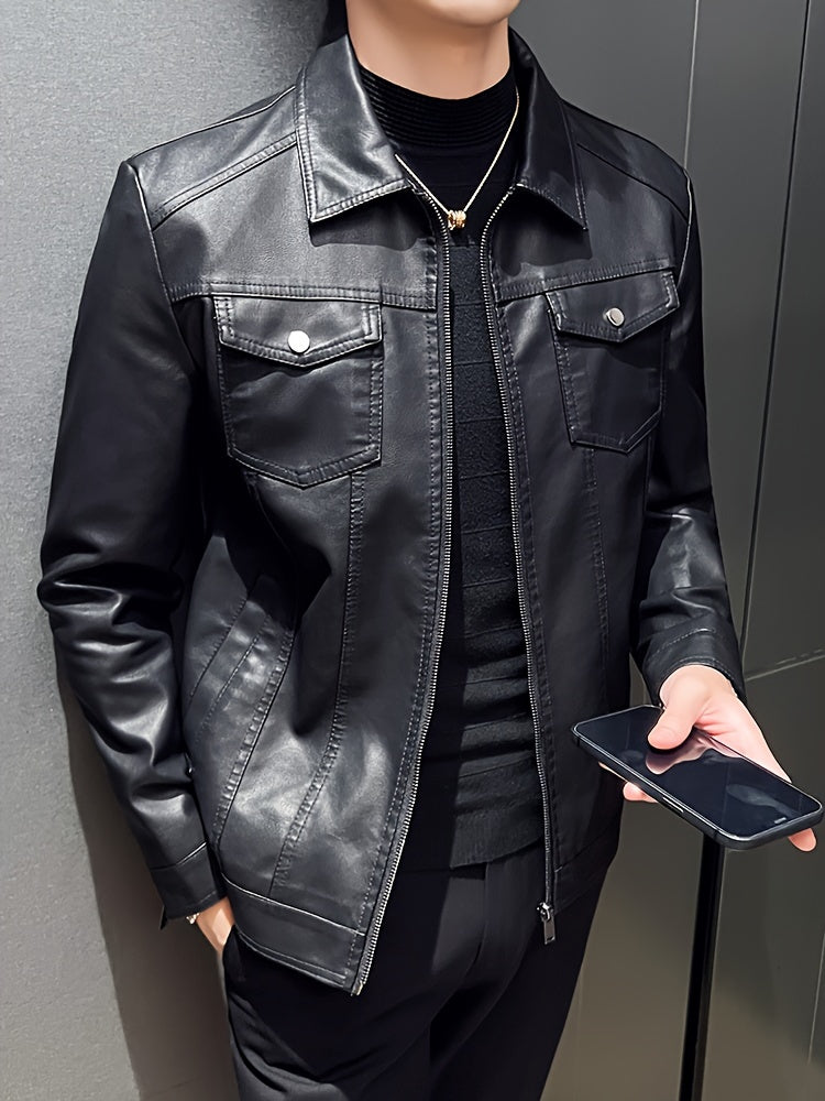 Men'S Slim-Fit Faux Leather Jacket - Black Casual Zip-Up Bomber with Lapel Collar, Long Sleeves, and Pockets for Autumn & Winter, Autumn Winter Jacket | Sleek Black Jacket | Polyester Lined Jacket
