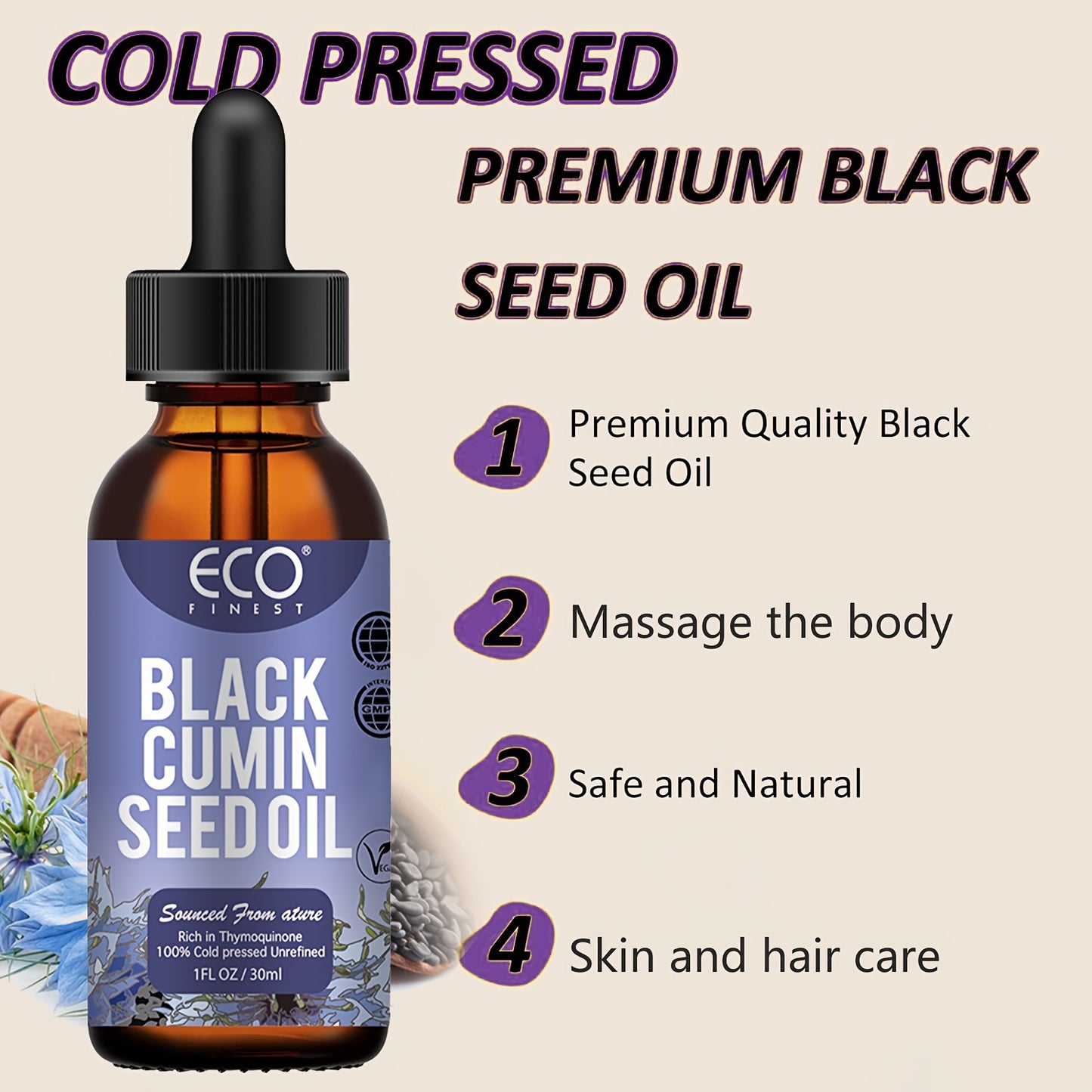 Eco Finist Black Cumin Seed Oil 1fl oz - Cold Pressed, Vitamin E Enriched