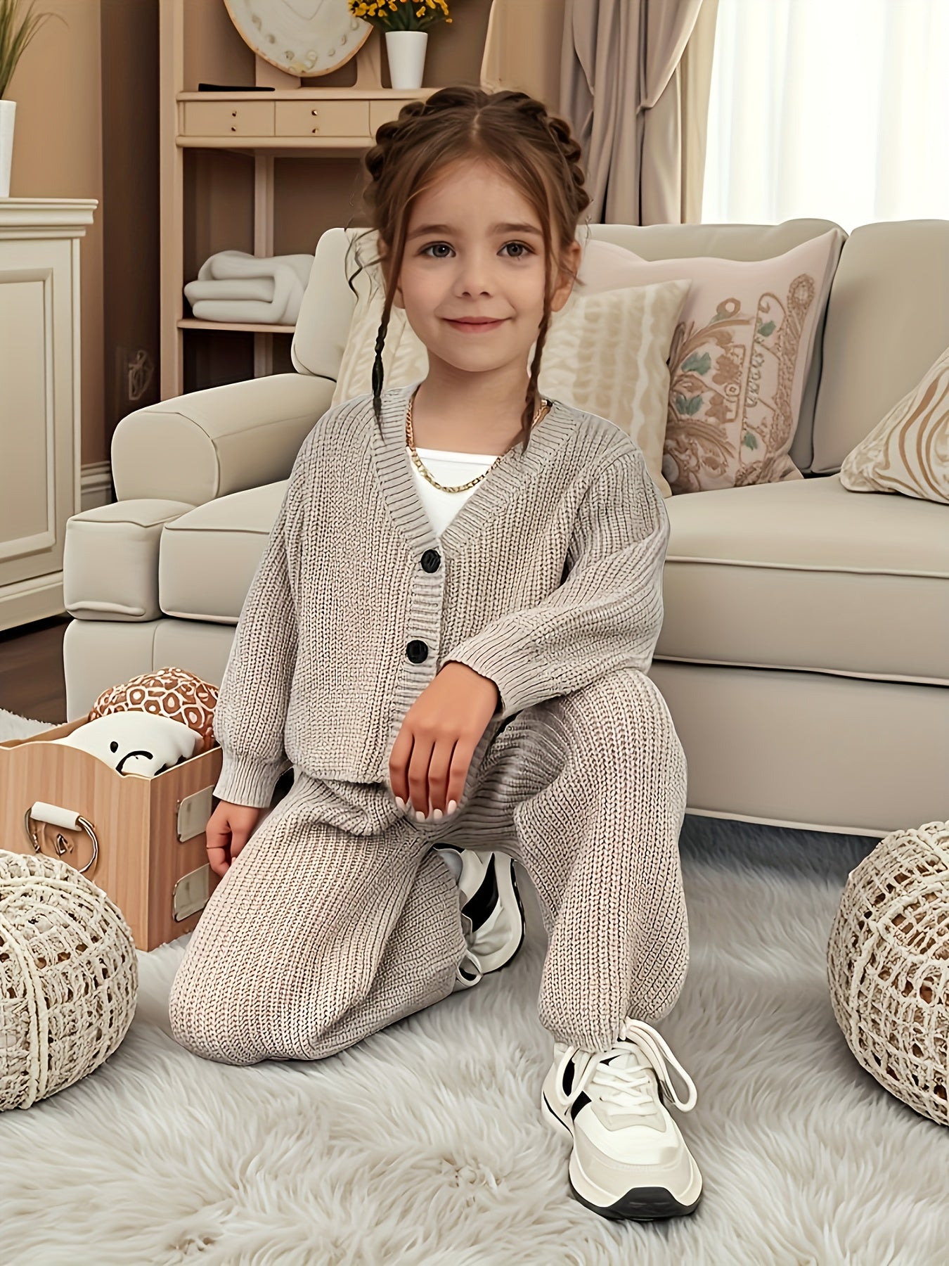 Girls' Spring/Autumn New Fashionable Long-Sleeve Knit Cardigan and Pants Two-Piece Set, Perfect for Outdoor