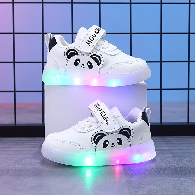 MGO Kidss Youngsters' Cute Panda Cartoon Sports Shoes with Glow-in-the-Dark Design - Fashionable Black and White Casual Sneakers, Easy to Wear for Boys and Girls | Panda Themed Athletic Footwear | PU Upper, Youngsters'S Footw