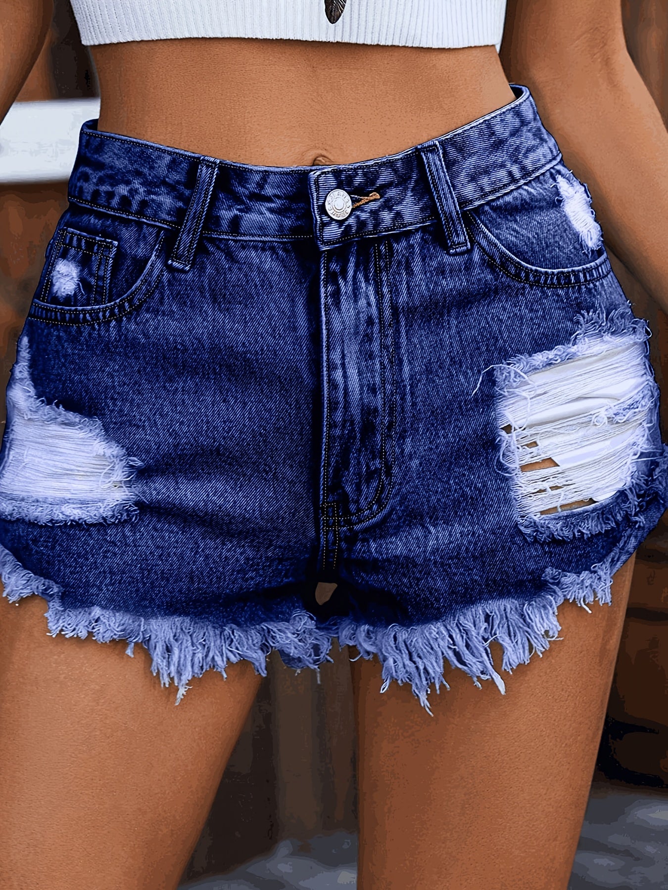 Elegant High-Waist Ripped Denim Shorts for Women - Slim Fit, Mid-Rise, Summer Casual Style with Distressed Blue Jean Shorts, Casual Summer Wear|Ripped Denim Shorts| Fabric