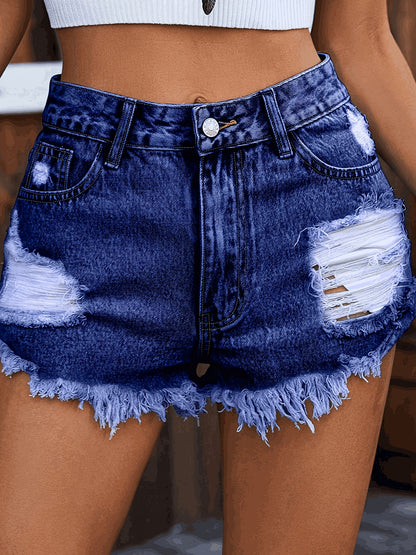 Elegant High-Waist Ripped Denim Shorts for Women - Slim Fit, Mid-Rise, Summer Casual Style with Distressed Blue Jean Shorts, Casual Summer Wear|Ripped Denim Shorts| Fabric