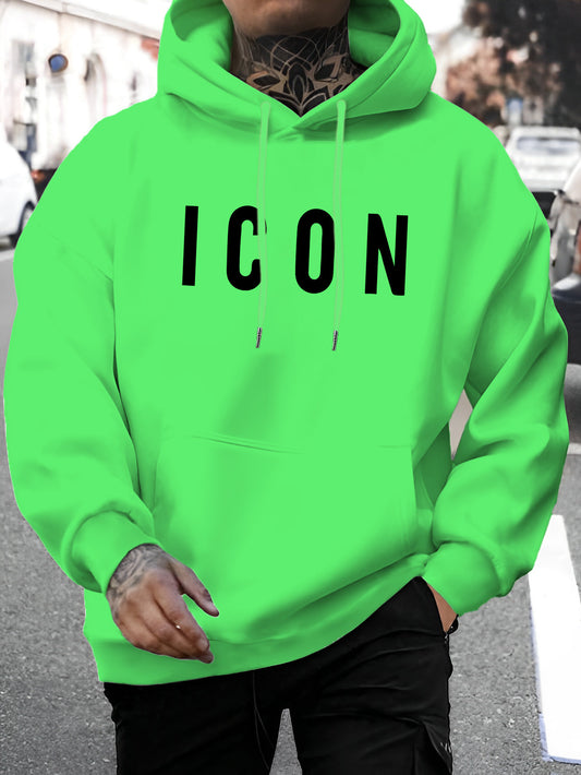 Men'S Casual Hoodie with Iconic Print - Stylish Pullover with Kangaroo Pocket, Stretch Fabric, Machine Washable - Perfect for Spring & Fall, Polyester Blend, Casual Wear Hoodie|Hooded Sweatshirt|Stretch Fabric Hoodie