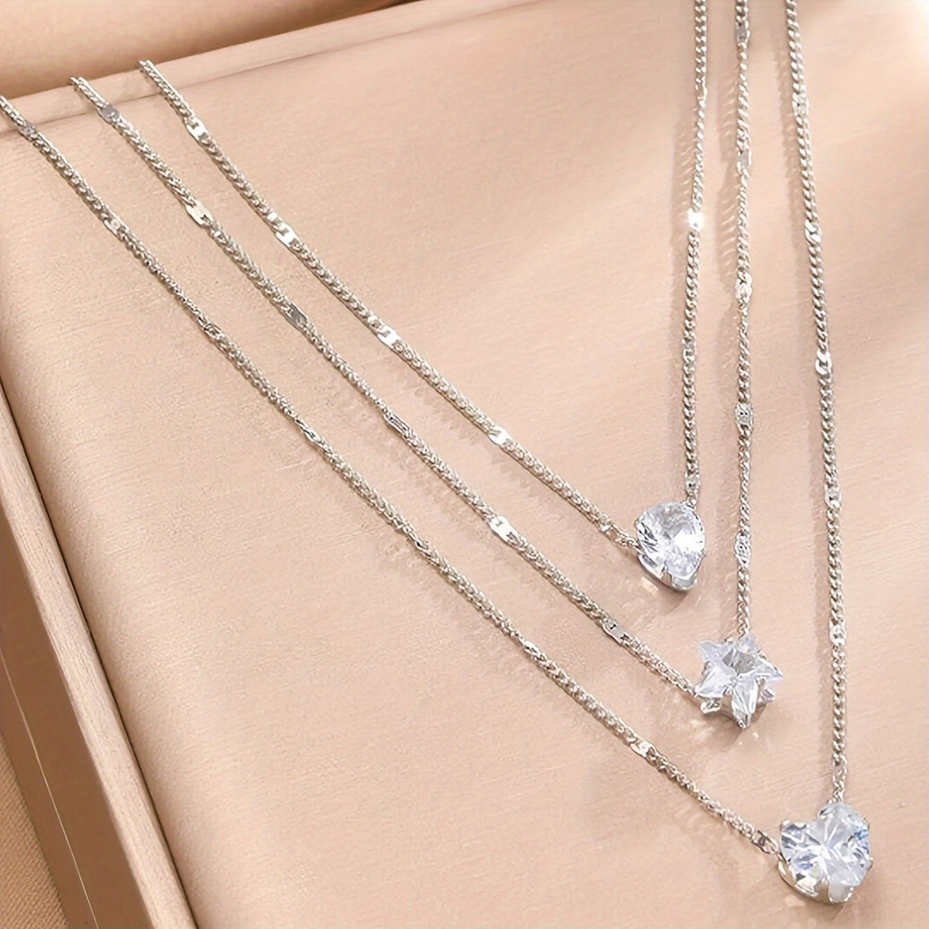 Elegant Multi-Layer Necklace Set for Women, Heart, Star & Teardrop Pendants, Rhinestone Embellished, Iron Chain, Versatile for Daily & Party Wear, All-Season Accessory