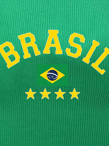 Y2K Style Cropped Sleeveless Tank Top - BRASIL Flag Print Slim Fit Women's Summer Top, Vibrant Green & Yellow Graphic, Machine Washable Casual Streetwear, Festive Outfit, Fashion-Forward Design, Smooth Texture