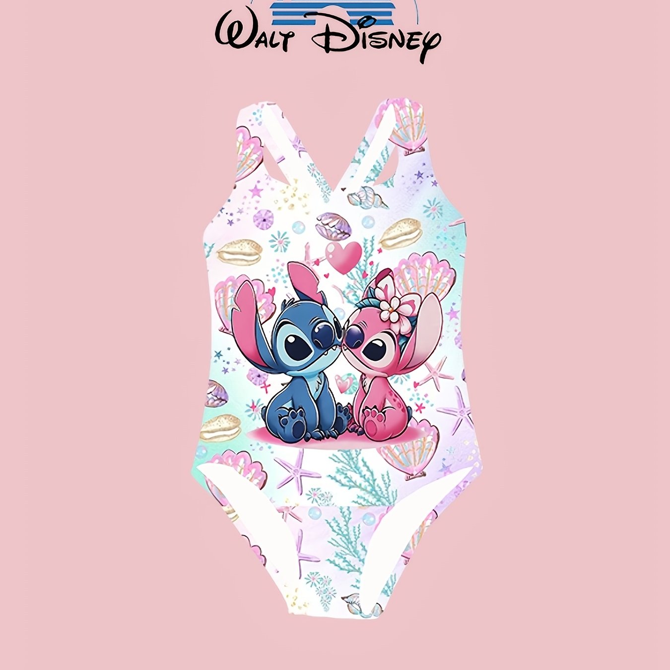 Authorized Disney Stitch Girls One-Piece Swimsuit Cute Fashion Cartoon Print Asymmetrical Hollow Design Elastic Breathable Fabric Suitable for Beach, Pool, Water Sports Hawaiian Holiday Gift Summer Swimsuit Elastic Fabric