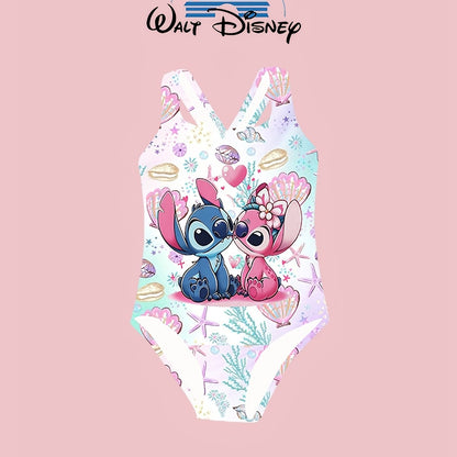 Authorized Disney Stitch Girls One-Piece Swimsuit Cute Fashion Cartoon Print Asymmetrical Hollow Design Elastic Breathable Fabric Suitable for Beach, Pool, Water Sports Hawaiian Holiday Gift Summer Swimsuit Elastic Fabric
