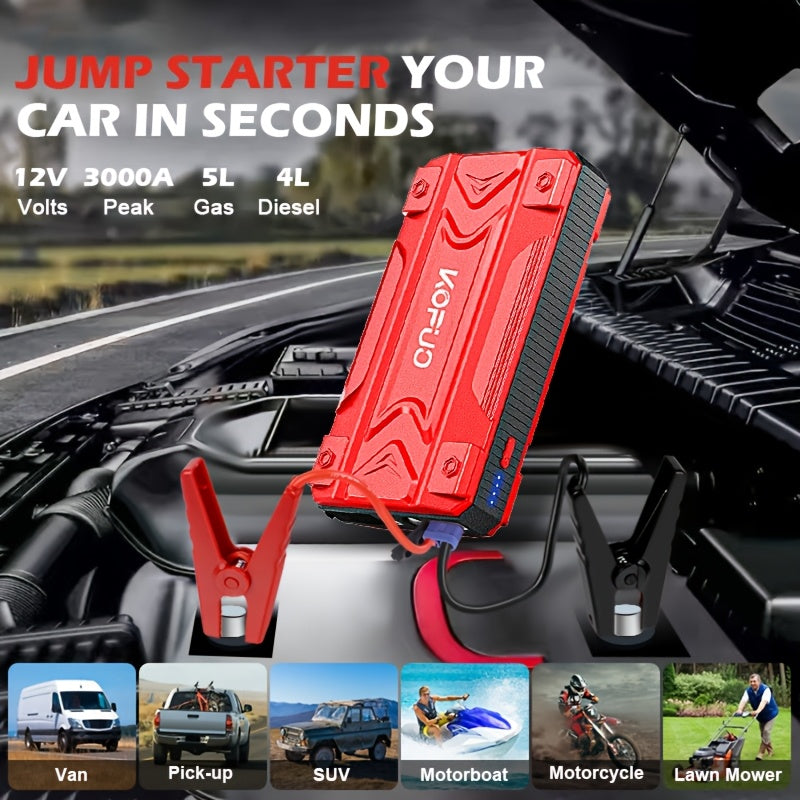 KOPUO 4000A Car Battery Jump Starter - Portable 12V Jump Box with USB/Power Bank, Dual Output, LED Light, and 8, 5L Gas/7, 0L Diesel Engine Compatibility for Cars, Trucks, SUVs, and Motorcycles, Car Jump Starter Battery Pack,