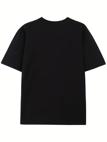 2025 New Yamal American Retro Crew Neck T-Shirt for Men & Women - Black Geometric Graphic Print Short Sleeve Tee, All-Season Casual Streetwear, Machine Washable Regular Fit