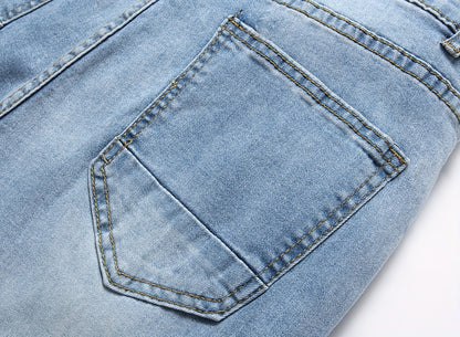 Men'S Slim-Fit Distressed Denim Jeans - Trendy Ripped Knee-Length Casual Pants, Light Blue Raw Wash, Comfortable Stretch Fabric for All-Season Wear, Everyday Fashion, Fashionforward Design, Durable Fabric Construction