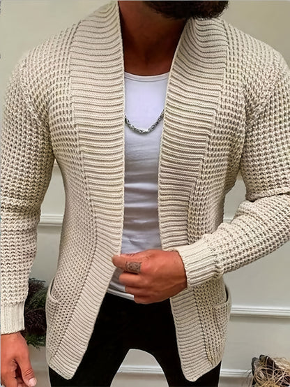 Men'S Casual Long Sleeve V-Neck Knit Cardigan - Loose Fit Solid Color Sweater with Pockets, Lightweight Acrylic for Fall/Winter, Versatile Layering Piece