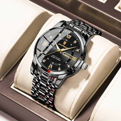 1pc Men's Fashion Stainless Steel Quartz Watch with Date Function, Rhinestone Accents, Luminous Hands, Round Dial - Casual Style, Battery Powered, Water Resistant, Ideal Gift for Birthdays and Anniversaries