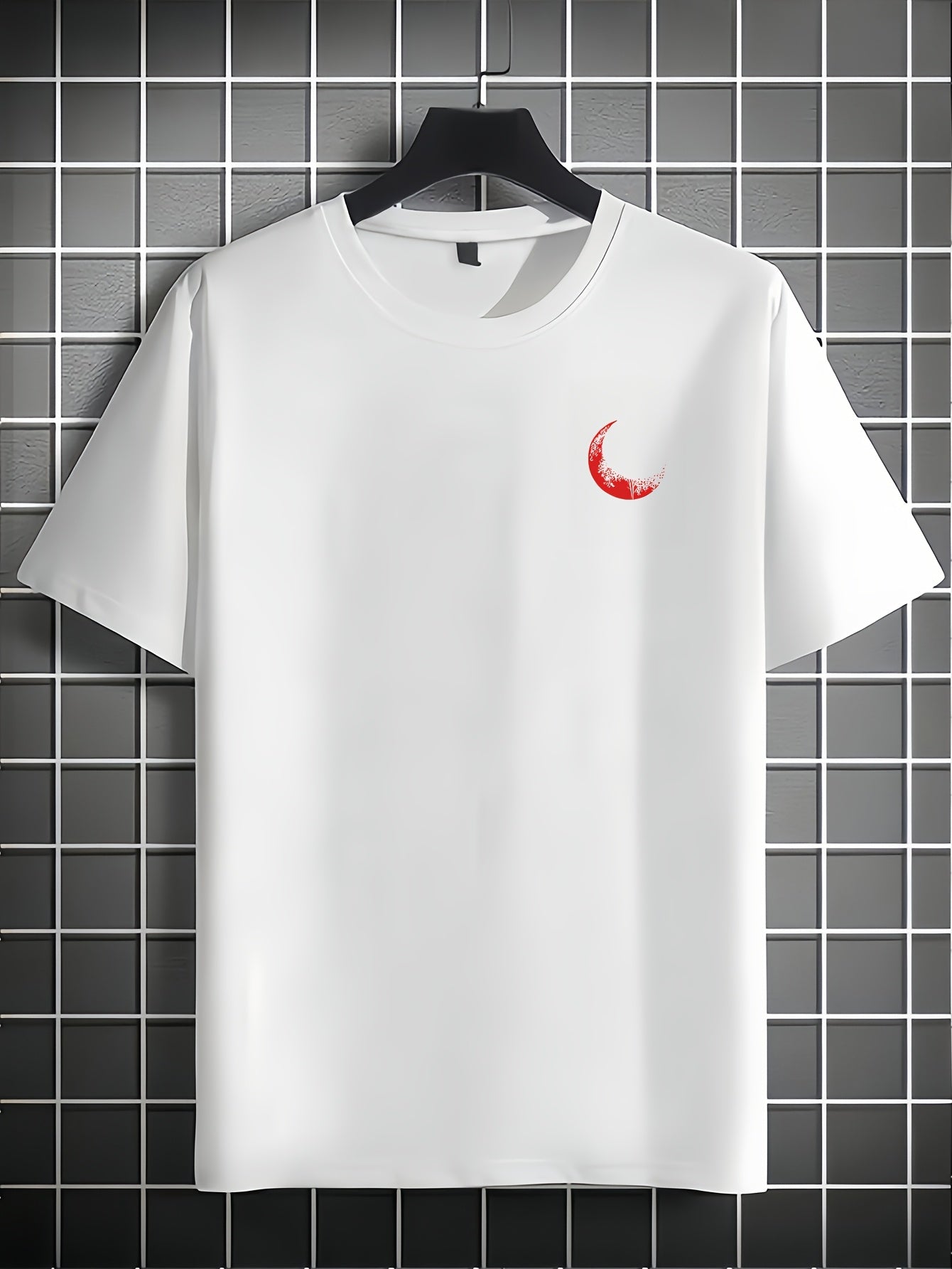 Men's Graphic Print Short Sleeve T-Shirt - Black Relaxed Fit Casual Round Neck, Durable Polyester Fabric, Machine Washable Summer Outdoor Top, Moon And Trees Design | Lightweight Clothing