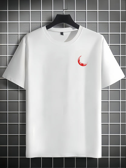 Men's Graphic Print Short Sleeve T-Shirt - Black Relaxed Fit Casual Round Neck, Durable Polyester Fabric, Machine Washable Summer Outdoor Top, Moon And Trees Design | Lightweight Clothing