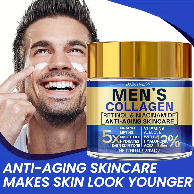 60g LUCKY MUSN Men's Retinol Collagen Moisturizing Cream with Hyaluronic Acid, Caffeine, Vitamin C & E - Firming & Lifting Skincare, 5X Smoothing, 5.5X Firming, 12% Brightening, Easy-Absorb Non-Greasy Formula for All Light Be