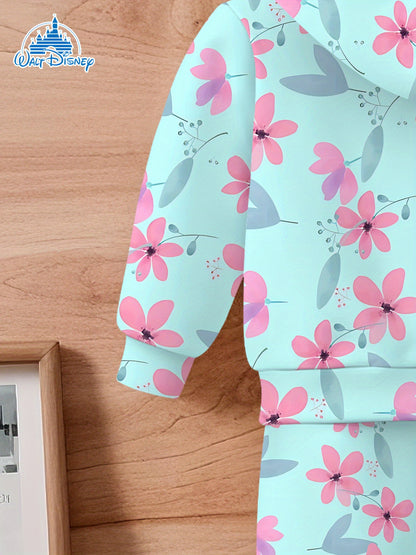 2- Piece Girls' Set with Disney Stitch Floral Cute- themed Digital Print Design, Long- sleeve Hoodie and Sweatpants Set, a Clothing Gift for Children. of Comfortable Fabric, Suitable for Autumn and Winter, Casual Sportswear S