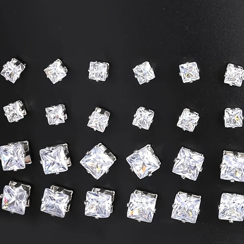 12-Pair Set Elegant Square Cubic Zirconia Stud Earrings for Men, Fashion Simple Iron Non-Plated Stainless Steel Post Ear Studs, Hypoallergenic Casual Daily Jewelry Gift