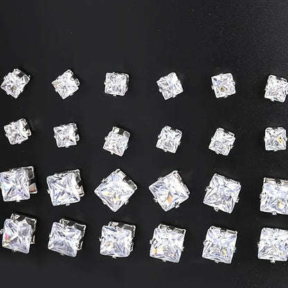 12-Pair Set Elegant Square Cubic Zirconia Stud Earrings for Men, Fashion Simple Iron Non-Plated Stainless Steel Post Ear Studs, Hypoallergenic Casual Daily Jewelry Gift