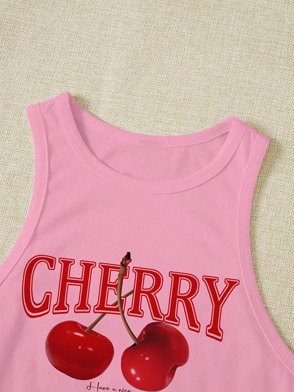 Women's Elegant Cropped Graphic Tank Top - Cherry Print Semi-Sheer Stretchy, Round Neck Sleeveless Shirt, Machine Washable All-Season Casual Top, Ladies Tank Tops, Playful Summer Wear