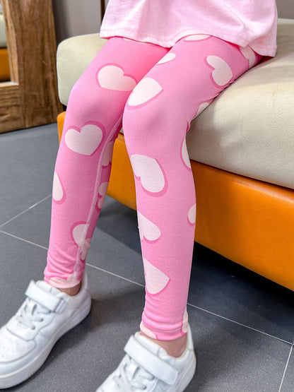 1pc Stretchy & Slim Girls' Pink Heart Donut Pattern Leggings - Soft Polyester/Elastane Blend, Non-See-Through, Perfect for Spring/Summer/Fall Outdoor Activities & Sister Bonding Time