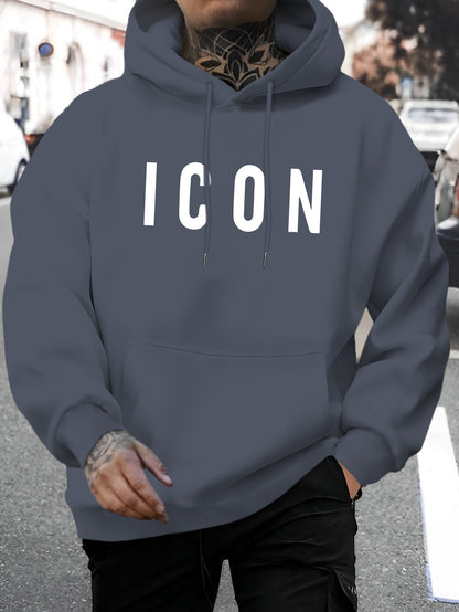 Men'S Casual Hoodie with Iconic Print - Stylish Pullover with Kangaroo Pocket, Stretch Fabric, Machine Washable - Perfect for Spring & Fall, Polyester Blend, Casual Wear Hoodie|Hooded Sweatshirt|Stretch Fabric Hoodie