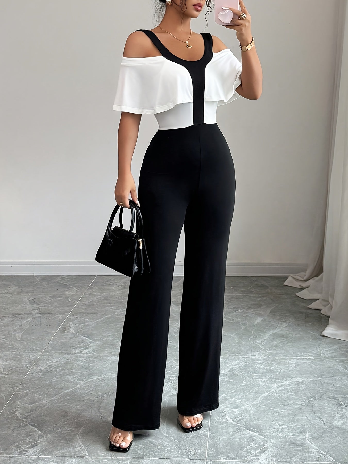 Oriented Women's Elegant Color Block Spliced Off-Shoulder Short Sleeve Wide Leg Straight-Leg Jumpsuit