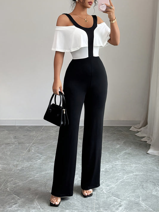Oriented Women's Elegant Color Block Spliced Off-Shoulder Short Sleeve Wide Leg Straight-Leg Jumpsuit