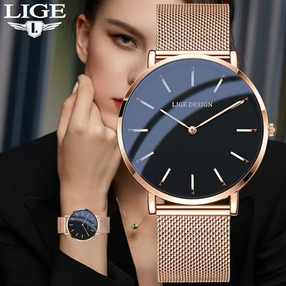 LIGE Women'S Ultra-Thin Quartz Watch with Rose Golden Mesh Strap - Elegant Blue Dial, Minimalist Design, Perfect Gift for Mother'S Day, Christmas, Thanksgiving, Christmas Accessory | Minimalist Watch | Quartz Movement