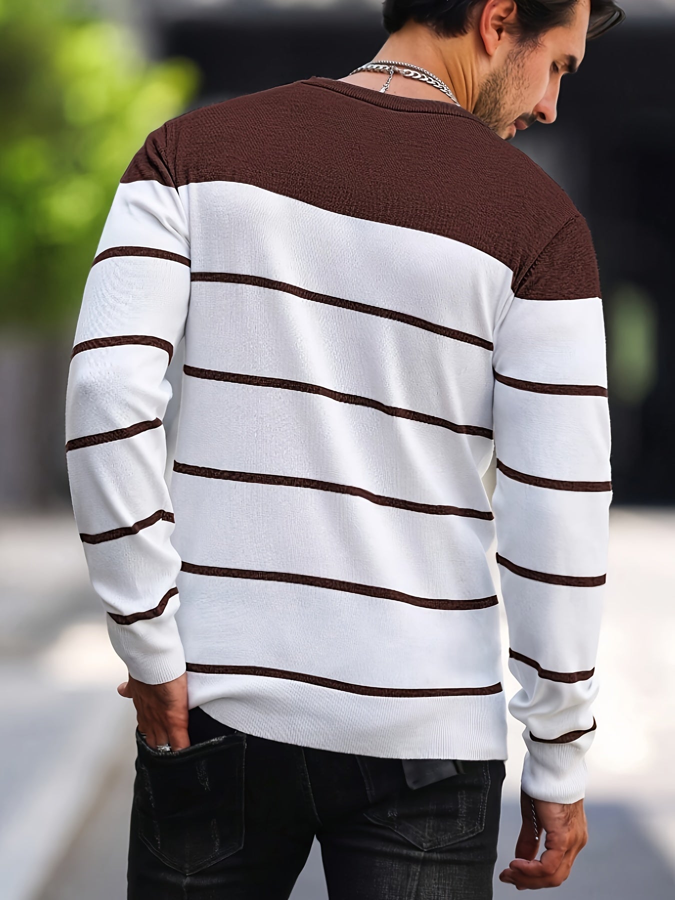 Men's Casual Striped Knit Pullover Sweater - Navy & White Contrast, Regular Fit H-Silhouette, Long Sleeve Crew Neck, Medium Stretch, Machine Washable for Spring & Fall, Mediumstretch Fabric