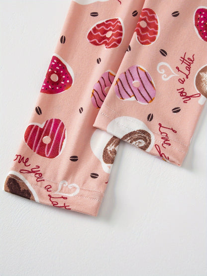 1pc Stretchy & Slim Girls' Pink Heart Donut Pattern Leggings - Soft Polyester/Elastane Blend, Non-See-Through, Perfect for Spring/Summer/Fall Outdoor Activities & Sister Bonding Time