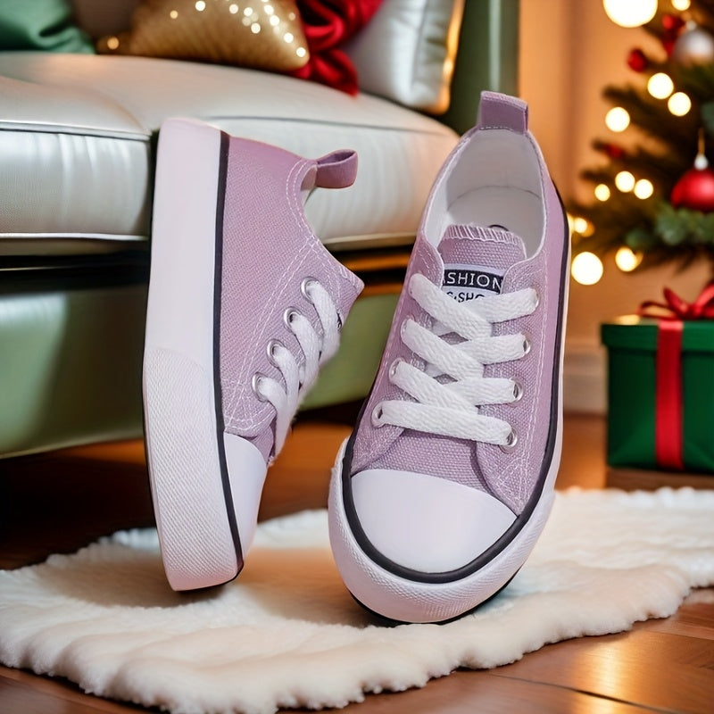 Kids' Breathable Low-Top Canvas Sneakers - Casual Lace-Up Shoes with Rubber Sole for Boys & Girls, Pink with White Detailing, Round Toe Design, Perfect for Casual Attire or Outdoor Activities