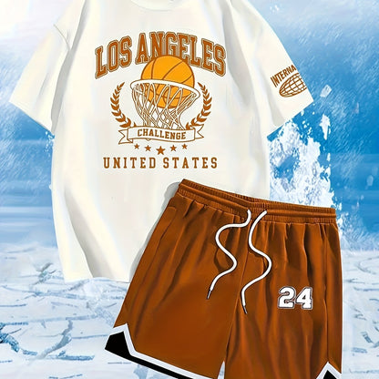 2pcs Men'S Summer Basketball Training Running Suit, Basketball Short Sleeve T-Shirt and 24 Shorts Set