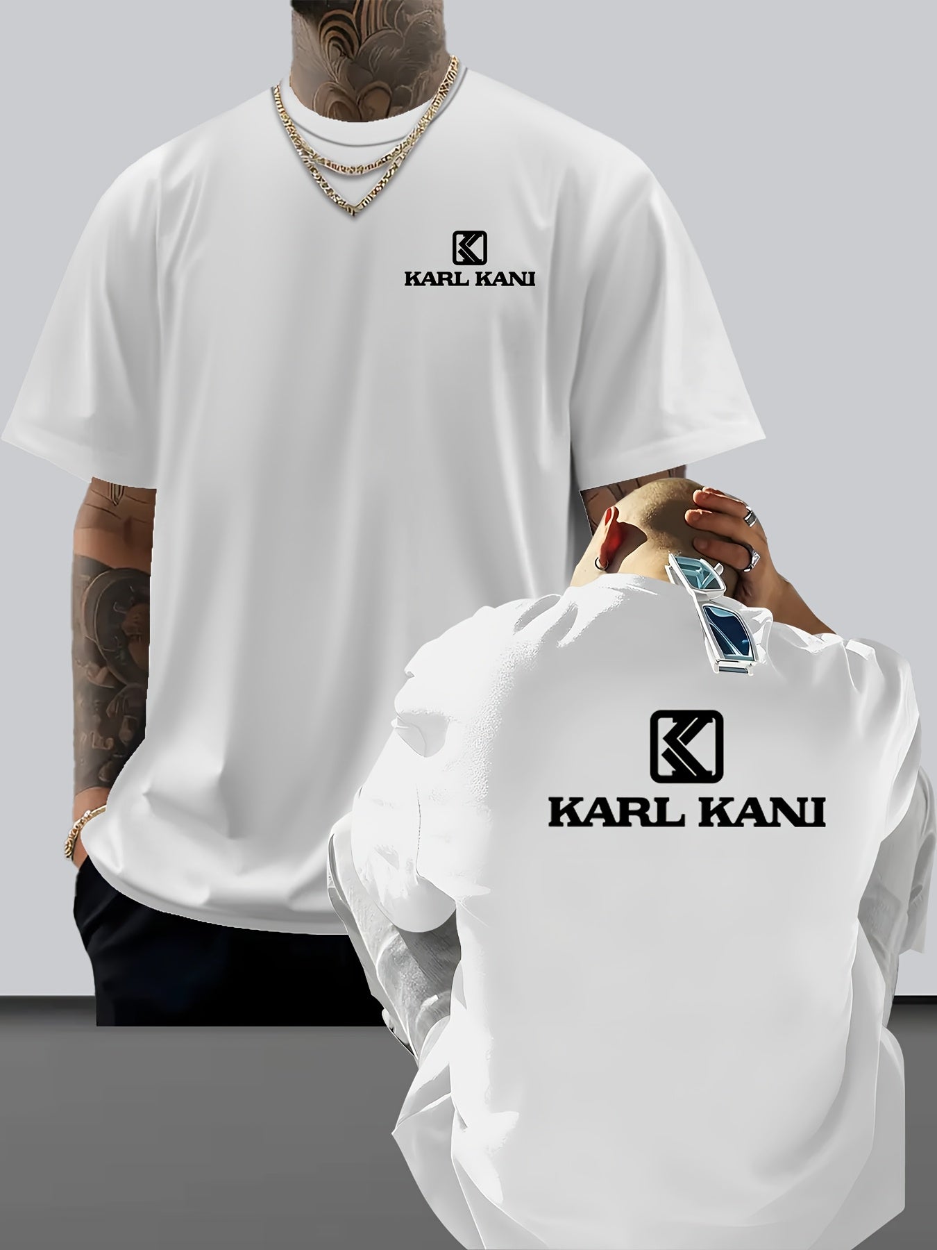 Men'S Casual Crew Neck T-Shirt with "KARL KANI" Graphic - Breathable, Moisture-Wicking, Short Sleeve, Regular Fit, Geometric Pattern, Ideal for Home & Outdoor Activities, All-Season Comfort, Outdoor Clothing | Relaxed Fit Shi