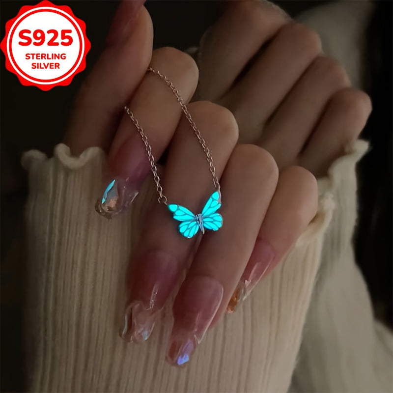 925 Low-Allergy Butterfly Glow Necklace for Women, Featuring a Blue Luminous Butterfly Pendant, Versatile And Elegant, Perfect for Gifting with an Anti-Oxidation Box.