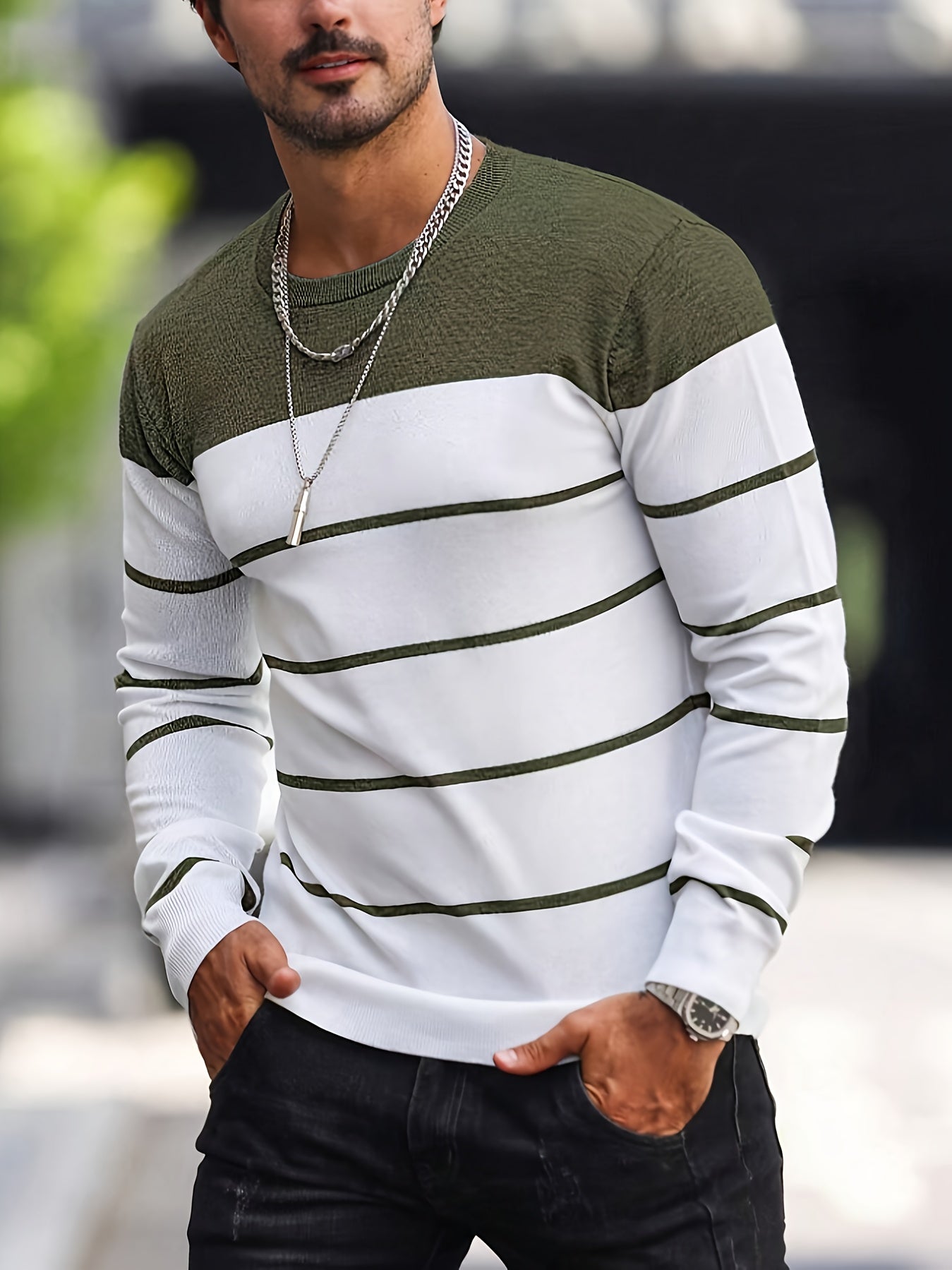 Men's Casual Striped Knit Pullover Sweater - Navy & White Contrast, Regular Fit H-Silhouette, Long Sleeve Crew Neck, Medium Stretch, Machine Washable for Spring & Fall, Mediumstretch Fabric