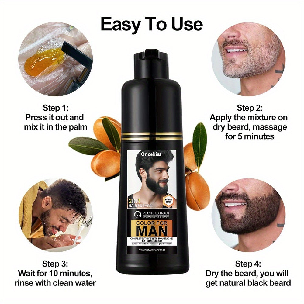 200ml Beard Hair Dye Shampoo for Men, Semi-permanent Hair Dye Shampoo 2in 1 Care Hair Dye to Cover Gray Beard And Hair, Available in Black and Brown