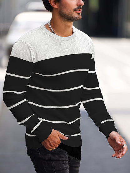 Men's Casual Striped Knit Pullover Sweater - Navy & White Contrast, Regular Fit H-Silhouette, Long Sleeve Crew Neck, Medium Stretch, Machine Washable for Spring & Fall, Mediumstretch Fabric