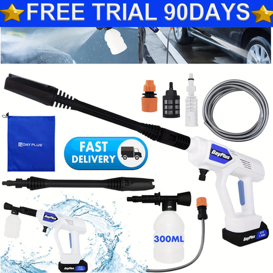 Cordless Electric Pressure Washer with 1.5Ah Battery & Fast Charger, 3000PSI High-Pressure Portable Washer, 5m Hose & 2 Water Sources (Bottles/Buckets) for Cars, SUVs, RVs, ATVs, 4X4, 4WD - Includes Nozzle & Spray Gun, Pressu