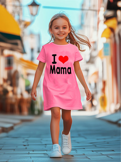Mother'S Day Gift | "I Love Mama" Red Heart Print Short Sleeve Dress - Casual, Breathable, and Comfortable Polyester Knit, Perfect for Spring/Summer, Mother'S Day Dress | Love Heart Pattern | Comfortable Fit, Mothers Day Dres