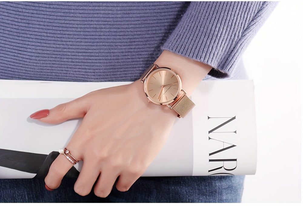 New Arrival 1pc Fashionable 's Rose Golden Watch, Golden & Silvery Stainless Steel Mesh Strap, Gorgeous Quartz Watch, Suitable for Daily Vacation Banquet Wear, Comes with Black Exquisite Box and Also Suitable as Gift - Girlfr