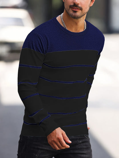 Men's Casual Striped Knit Pullover Sweater - Navy & White Contrast, Regular Fit H-Silhouette, Long Sleeve Crew Neck, Medium Stretch, Machine Washable for Spring & Fall, Mediumstretch Fabric