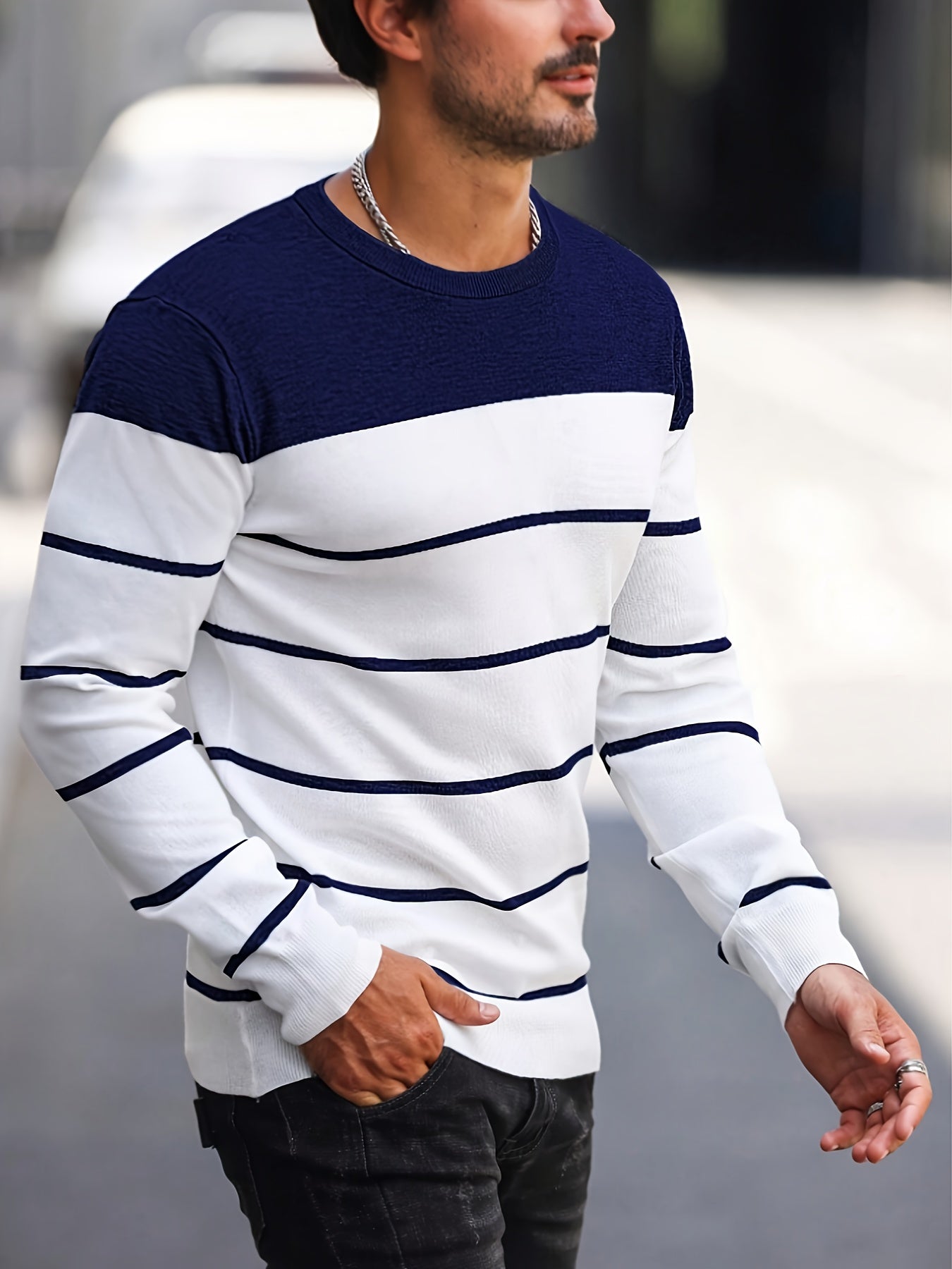 Men's Casual Striped Knit Pullover Sweater - Navy & White Contrast, Regular Fit H-Silhouette, Long Sleeve Crew Neck, Medium Stretch, Machine Washable for Spring & Fall, Mediumstretch Fabric