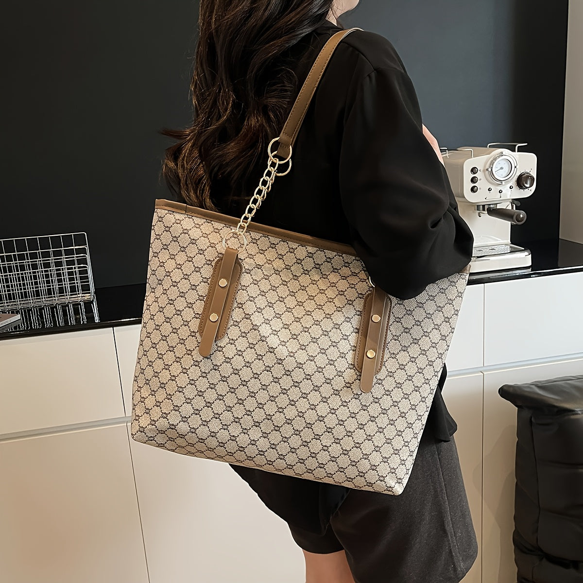 Rubyn Women's Large Capacity Tote Bag - Beige/ & Brown Greek Key Logo Handbag, Versatile Shoulder Purse for Women,, Travel, Everyday Use, Everyday Bag For Women, Casual Bag For Women, Casual Style Tote Bag, Medium Size Tote B