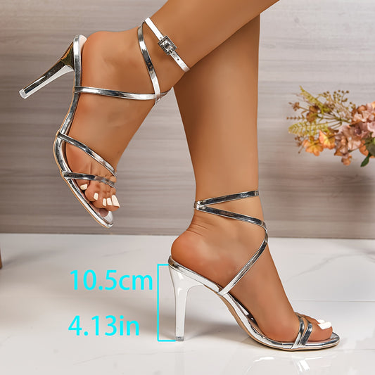 Women'S Summer Stiletto Sandals - Golden Adjustable Cross Straps with Buckle Closure, Open-Toe Synthetic Cover High Heels for Parties, Weddings & Formal Events, Stiletto Heels, Party Footwear, Crisscross Strap Design, Durable