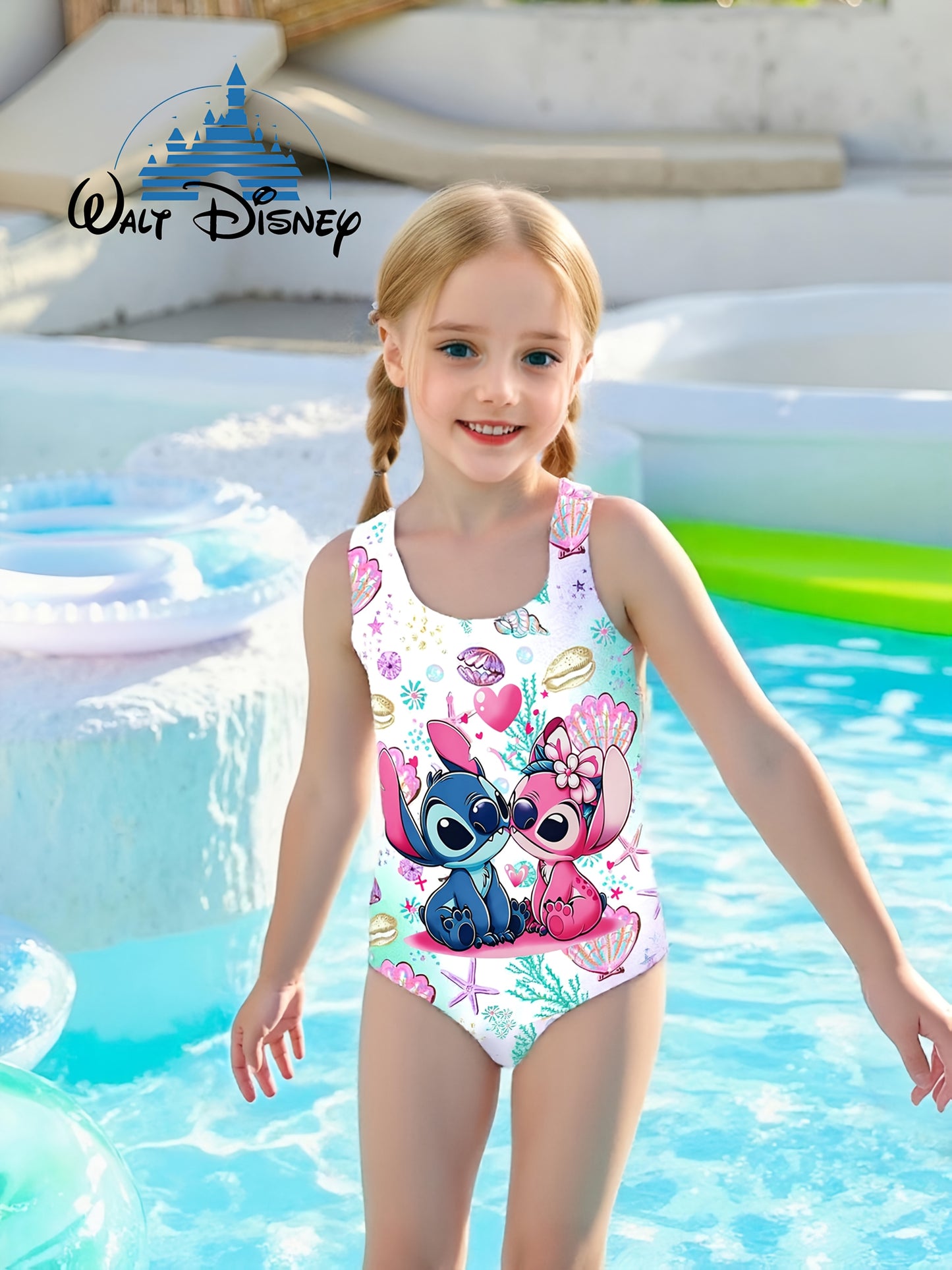 Authorized Disney Stitch Girls One-Piece Swimsuit Cute Fashion Cartoon Print Asymmetrical Hollow Design Elastic Breathable Fabric Suitable for Beach, Pool, Water Sports Hawaiian Holiday Gift Summer Swimsuit Elastic Fabric