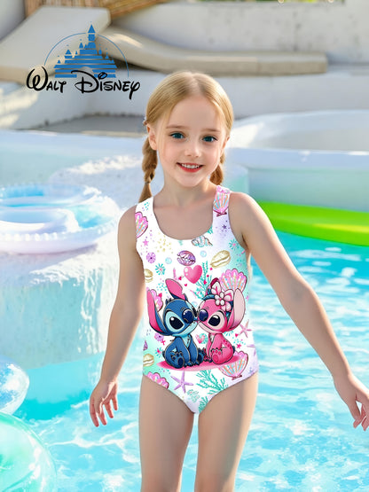 Authorized Disney Stitch Girls One-Piece Swimsuit Cute Fashion Cartoon Print Asymmetrical Hollow Design Elastic Breathable Fabric Suitable for Beach, Pool, Water Sports Hawaiian Holiday Gift Summer Swimsuit Elastic Fabric
