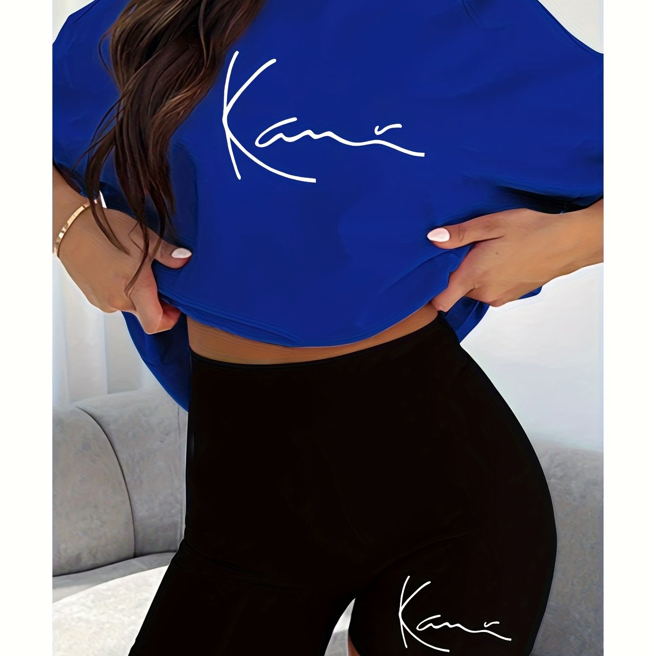 New fashionable casual creative pattern printed Women's fashion set, spring and summer new fashionable casual round neck T-shirt&sports shorts two-piece set